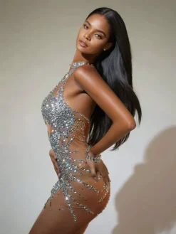 Dresses|Mini Dresses*Jiu Bajia O/S Lexiss Halterneck Rhinestone Mini Dress In Silver