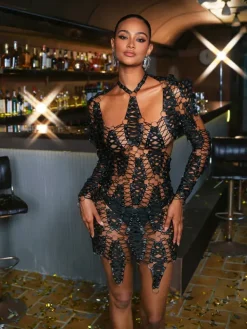 Dresses|Mini Dresses*Mew Mews Fashion O/S Liechti Long Sleeve Leather Mini Dress