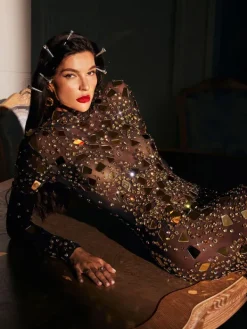 Embellishment|Dresses*Embellishment Liliana High Neck Acrylic Mesh Maxi Dress