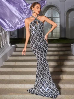 Embellishment|Dresses*Embellishment Liora Backless Sequin Crystal Maxi Dress In Black