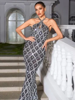 Embellishment|Dresses*Embellishment Liora Backless Sequin Crystal Maxi Dress In Black