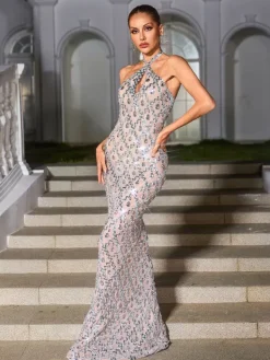 Embellishment|Dresses*Embellishment Liora Backless Sequin Crystal Maxi Dress In Nude