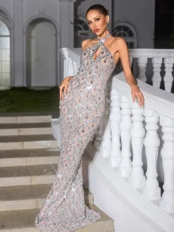 Embellishment|Dresses*Embellishment Liora Backless Sequin Crystal Maxi Dress In Nude