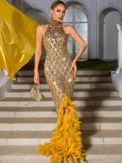 Embellishment|Dresses*Embellishment Liora Crystal Feather Mesh Maxi Dress In Gold