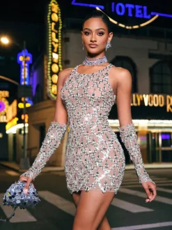 Embellishment|Dresses*Embellishment Liora Round Neck Sequin Crystal Mini Dress