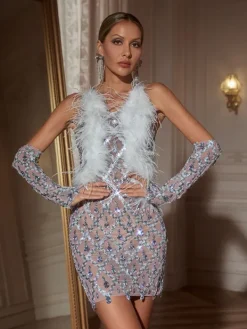 Embellishment|Dresses*Embellishment Liora Sequin Crysta Feather Mini Dress