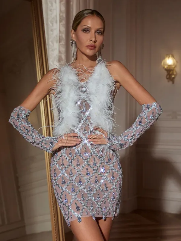 Embellishment|Dresses*Embellishment Liora Sequin Crysta Feather Mini Dress