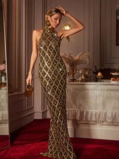 Embellishment|Dresses*Embellishment Liora Sequin Crystal Maxi Dress In Gold