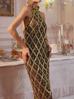 Embellishment|Dresses*Embellishment Liora Sequin Crystal Maxi Dress In Gold