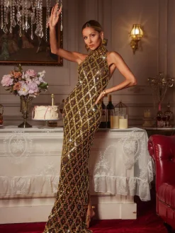 Embellishment|Dresses*Embellishment Liora Sequin Crystal Maxi Dress In Gold