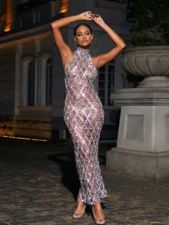 Embellishment|Dresses*Embellishment Liora Sequin Crystal Maxi Dress In Dark Nude