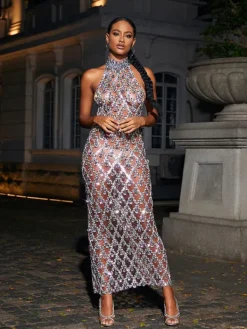 Embellishment|Dresses*Embellishment Liora Sequin Crystal Maxi Dress In Dark Nude