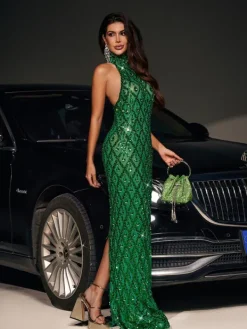 Embellishment|Dresses*Embellishment O/S Liora Sequin Crystal Maxi Dress In Green