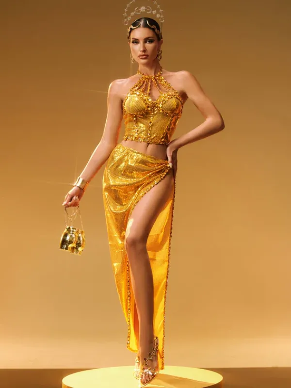 Sets & Co-ords|Embellishment*Embellishment Liorah Halterneck Sequin Skirt Set In Gold