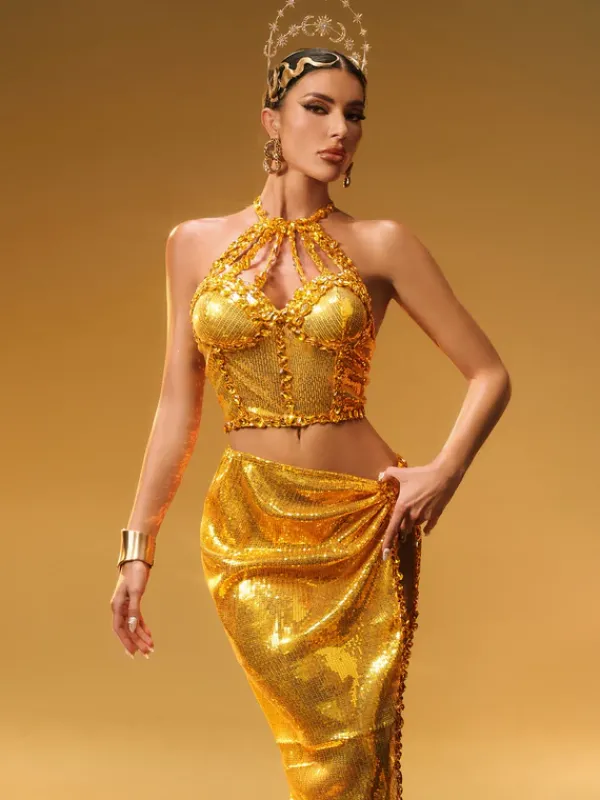 Sets & Co-ords|Embellishment*Embellishment Liorah Halterneck Sequin Skirt Set In Gold