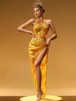 Sets & Co-ords|Embellishment*Embellishment Liorah Halterneck Sequin Skirt Set In Gold