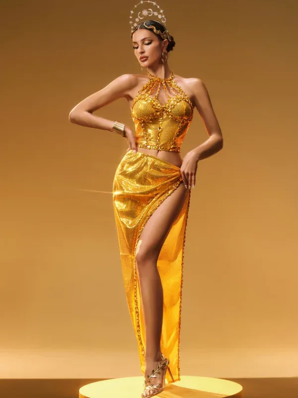 Sets & Co-ords|Embellishment*Embellishment Liorah Halterneck Sequin Skirt Set In Gold