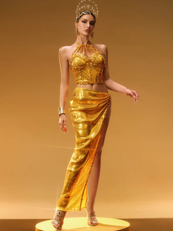 Sets & Co-ords|Embellishment*Embellishment Liorah Halterneck Sequin Skirt Set In Gold