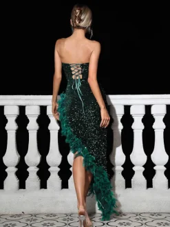 Dresses|Maxi Dresses*Mew Mews Fashion Lois Strapless Sequin Feather Trimmed Maxi Dress In Emerald