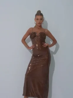 Dresses|Maxi Dresses*Mew Mews Fashion Lorelei Brown Sequin Dress