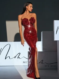 Embellishment|Dresses*Lu Yili Lorelei Strapless Flower Sequin Split Dress In Wine