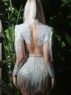 Bodysuits|Tops*Jiu Bajia O/S Lorvain Rhinestone Fringe Bodysuit In White
