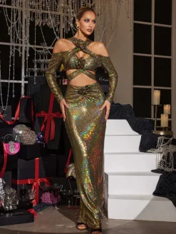 Dresses|Maxi Dresses*Mew Mews Fashion Lowen Flower Cutout Sequin Maxi Dress In Olive