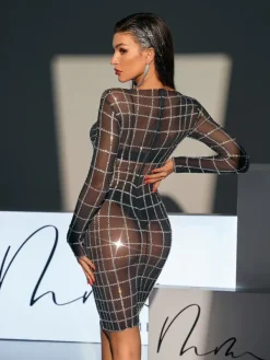 Embellishment|Dresses*Embellishment Luan Long Sleeve Net Rhinestone Mesh Dress