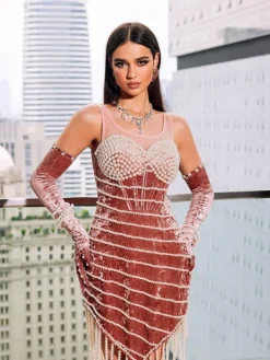 Dresses|Embellishment*Embellishment Lucille Pearl Fringe Velvet Mini Dress With Gloves