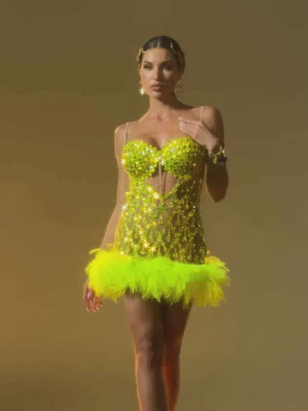 Dresses|Mini Dresses*Jiu Bajia O/S Luminara Rhinestone Tulle Trimmed Mini Dress