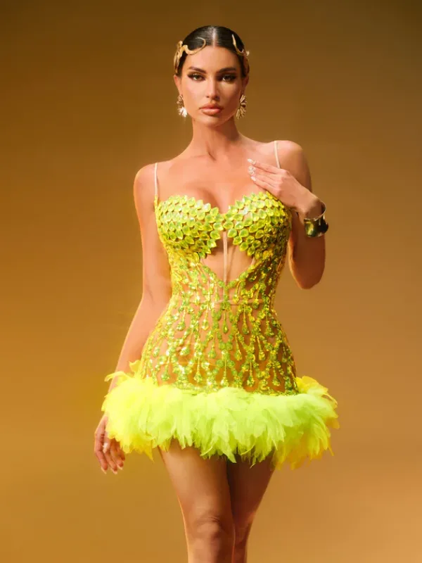 Dresses|Mini Dresses*Jiu Bajia O/S Luminara Rhinestone Tulle Trimmed Mini Dress