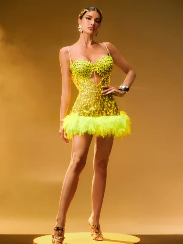 Dresses|Mini Dresses*Jiu Bajia O/S Luminara Rhinestone Tulle Trimmed Mini Dress