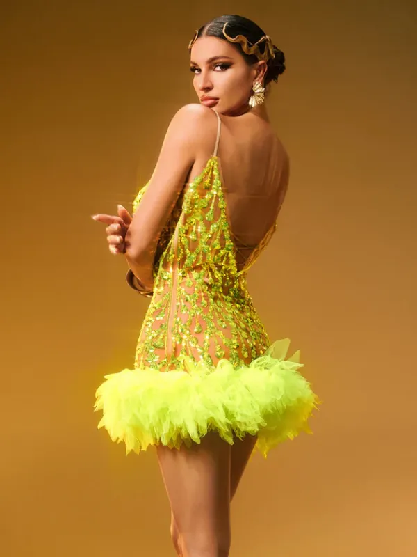 Dresses|Mini Dresses*Jiu Bajia O/S Luminara Rhinestone Tulle Trimmed Mini Dress