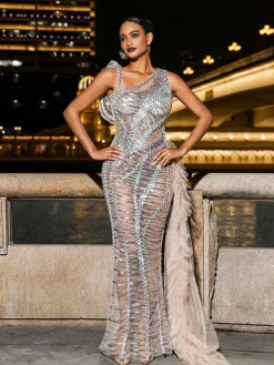 Embellishment|Dresses*Embellishment Lyda Draped Cutout Sequin Mesh Dress In Silver