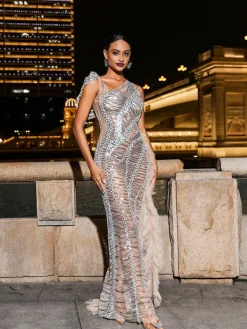 Embellishment|Dresses*Embellishment Lyda Draped Cutout Sequin Mesh Dress In Silver