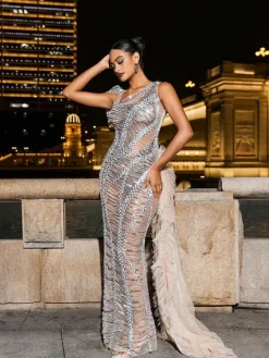 Embellishment|Dresses*Embellishment Lyda Draped Cutout Sequin Mesh Dress In Silver