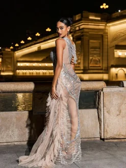 Embellishment|Dresses*Embellishment Lyda Draped Cutout Sequin Mesh Dress In Silver