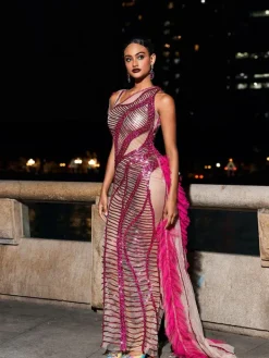 Embellishment|Dresses*Embellishment Lyda Draped Cutout Sequin Mesh Dress In Hot Pink