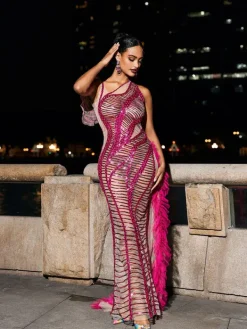 Embellishment|Dresses*Embellishment Lyda Draped Cutout Sequin Mesh Dress In Hot Pink