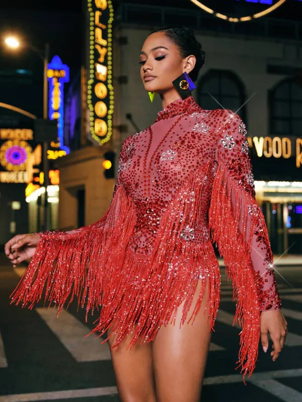 Bodysuits|Tops*Mew Mews Fashion Macsen Rhinestone Fringe Bodysuit