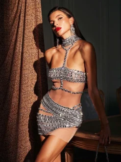 Embellishment|Dresses*Embellishment O/S Mafalda High Neck Rhinestone Mesh Mini Dress