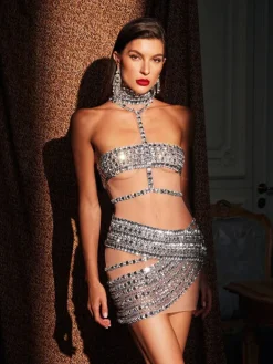 Embellishment|Dresses*Embellishment O/S Mafalda High Neck Rhinestone Mesh Mini Dress