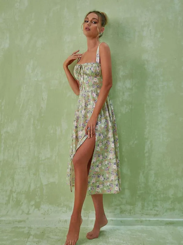 Dresses|Midi Dresses*Mew Mews Fashion Maire Floral Split Midi Dress In Green