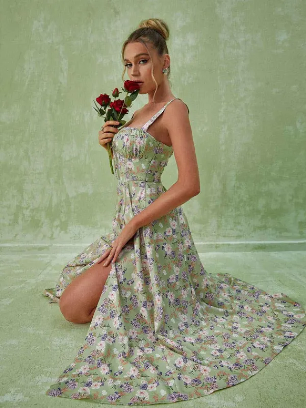 Dresses|Midi Dresses*Mew Mews Fashion Maire Floral Split Midi Dress In Green