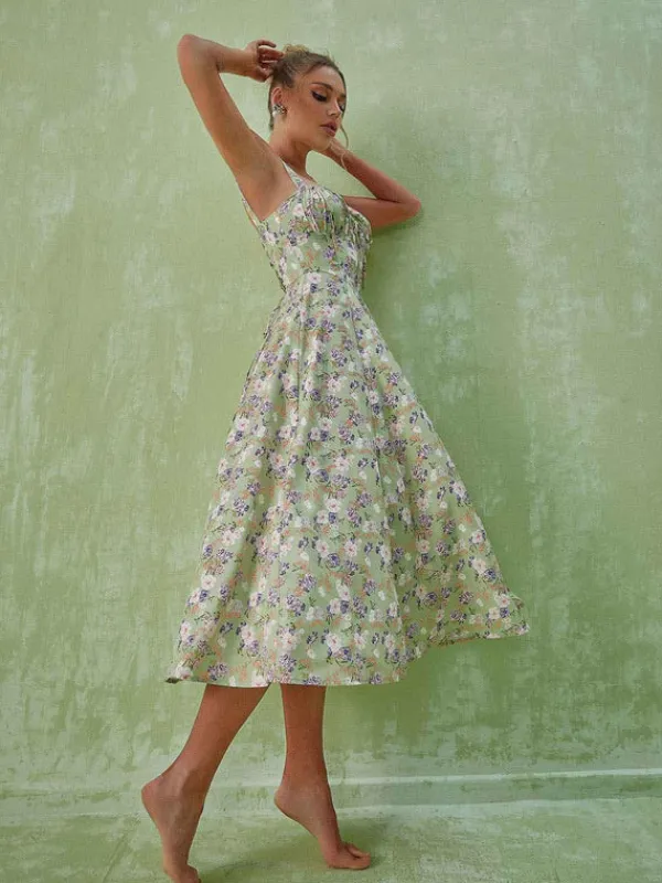 Dresses|Midi Dresses*Mew Mews Fashion Maire Floral Split Midi Dress In Green