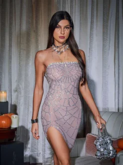 Embellishment|Dresses*Embellishment Malala Strapless Cobweb Rhinestone Mini Dress In Nude
