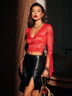 Tops*Mew Mews Fashion Marcella Trimmed V Neck Crop Lace Top
