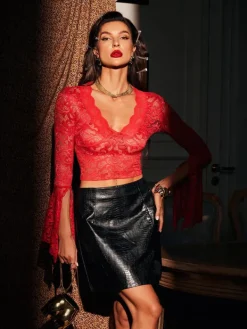 Tops*Mew Mews Fashion Marcella Trimmed V Neck Crop Lace Top