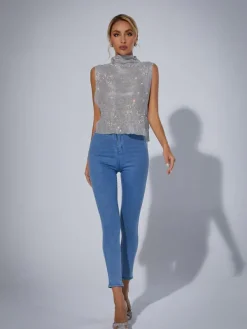 Tops*Mew Mews Fashion O/S Marilyn Split Chain Chainmail Top In Silver