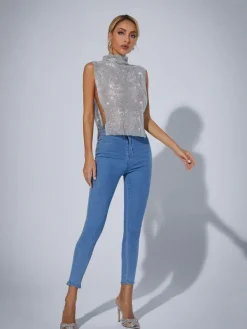 Tops*Mew Mews Fashion O/S Marilyn Split Chain Chainmail Top In Silver